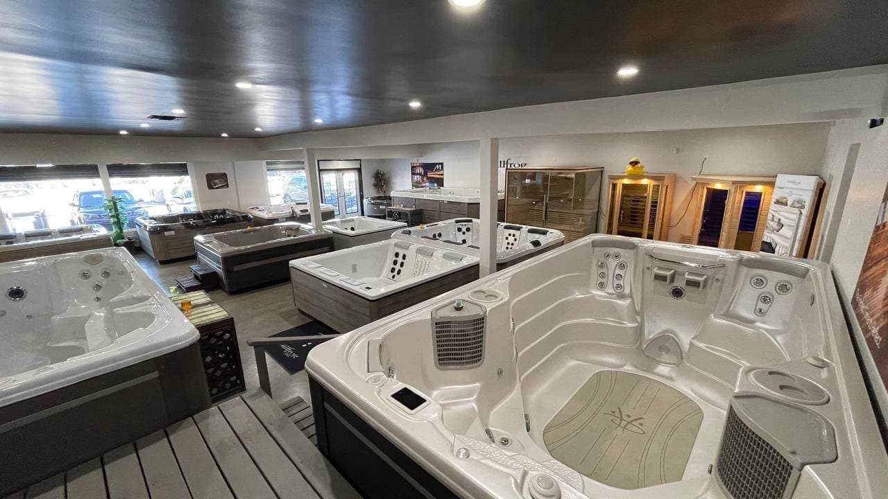 Traditional sauna cabins at the Hydro-Spa Outlet showroom